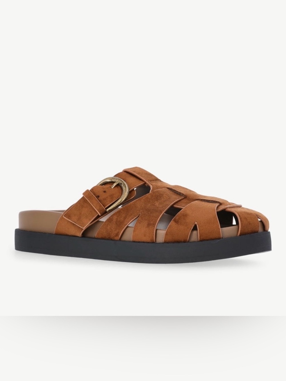 No Boundaries Brown Faux Suede Basket-Weave Slide Sandals with Buckle